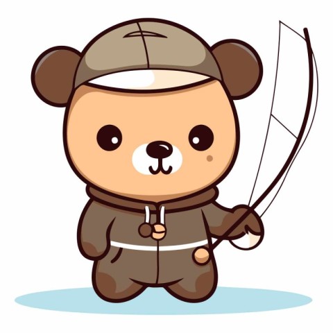 Cute bear with fishing rod on white background.