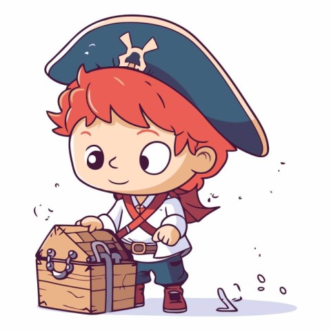 Cartoon pirate boy with treasure chest in a flat style.