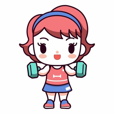 Cute little girl doing fitness with dumbbells.