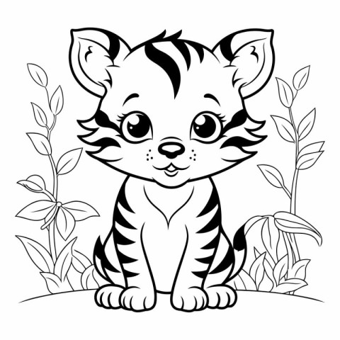 Cute little tiger sitting in the garden. Black and white vector