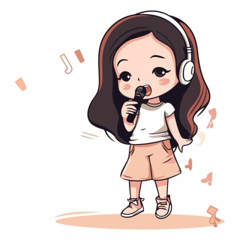 Cute little girl singing karaoke with headphones.