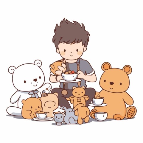 Cute little boy playing with teddy bears.