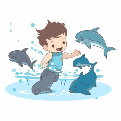 Cute little boy playing with dolphins in water.