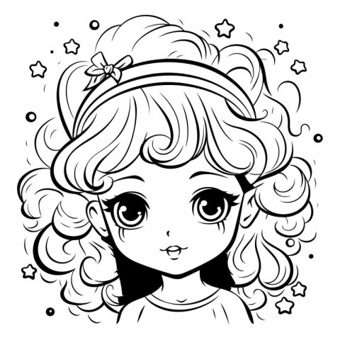 Cute cartoon girl with curly hair for coloring book.