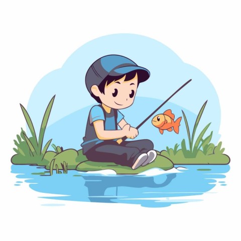 Illustration of a boy fishing on the river.