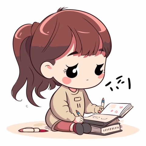 Illustration of a Cute Little Girl Reading a Book and Writing