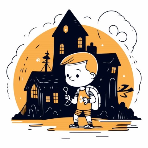 Cute little boy in front of the haunted house.