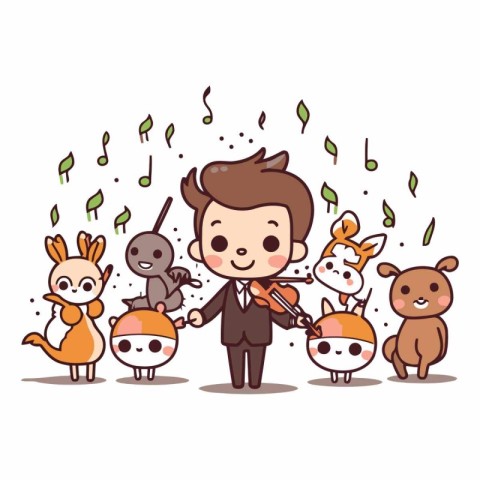 cute little boy playing violin with group of animals vector illu