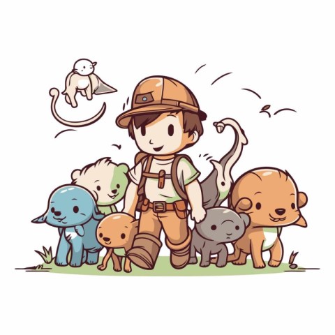 Cute little boy with his group of animals.