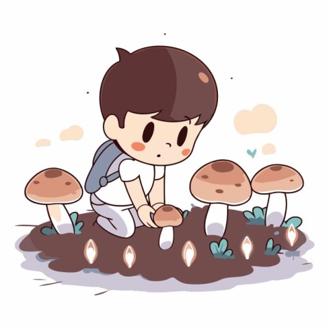 Boy picking mushrooms in the garden. Cute cartoon vector illustr