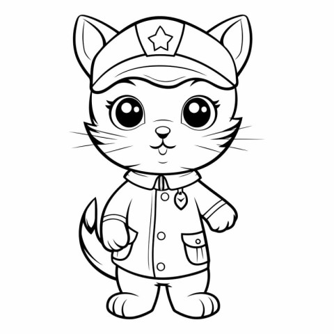 Black and White Cartoon Illustration of Cute Cat Captain Charact