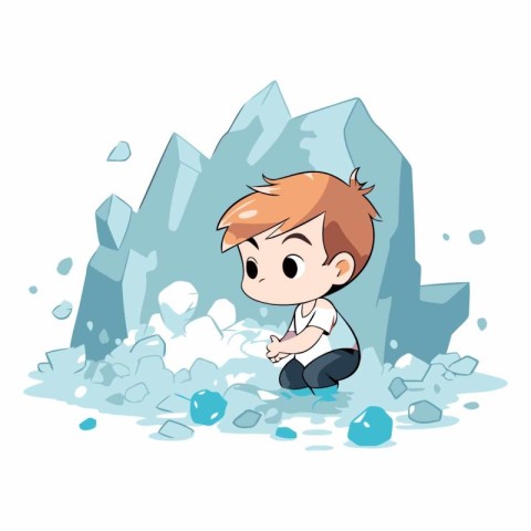 Cute little boy playing with ice and snow.