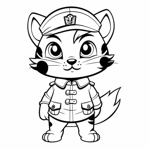 Black and White Cartoon Illustration of Cute Little Fox Captain