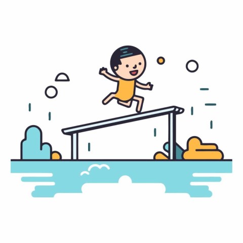 Boy jumping into the water in line art style.