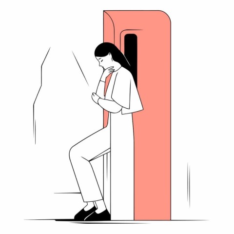 Sad woman sitting in front of elevator in flat style