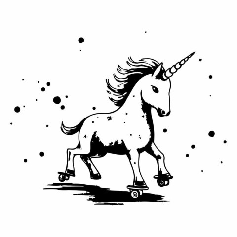 Unicorn on roller skates. Black and white vector illustration.