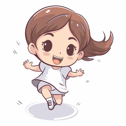 Cute little girl running and jumping in cartoon style.