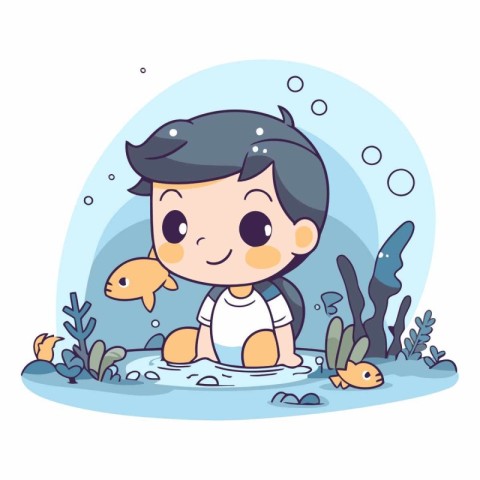 Illustration of a cute little boy swimming in the sea with fishe