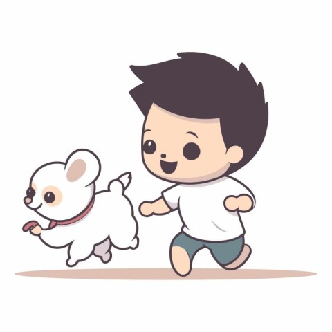 Cute little boy playing with his dog cartoon character.