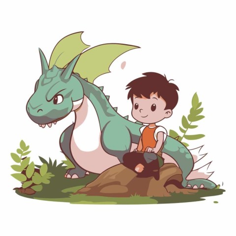 Cute boy playing with a dragon in the jungle.