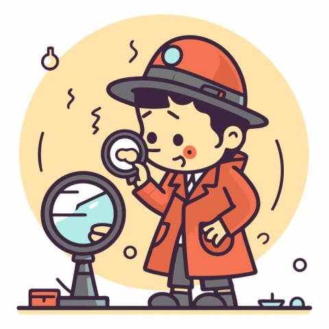 Vector illustration of a detective in a red coat and a magnifyin