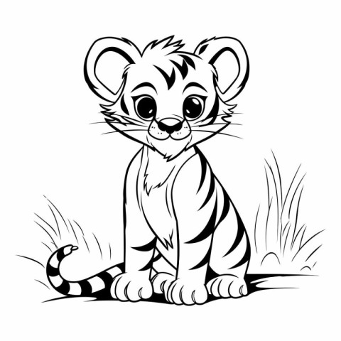 Cute cartoon tiger sitting on the grass. Black and white.