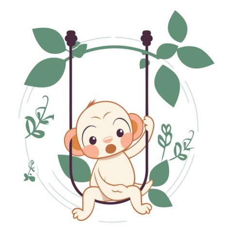 Cute baby monkey sitting on swing in cartoon style.