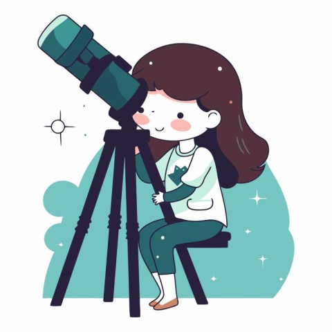 Vector illustration of a girl looking through a telescope on a w