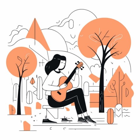 Vector illustration of a girl playing the guitar in the autumn p