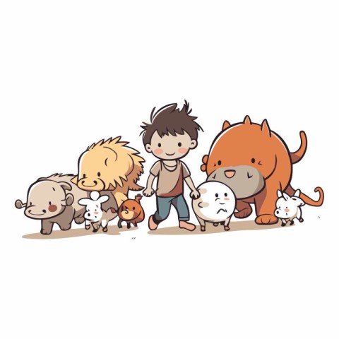 Cartoon little boy playing with a group of animals.