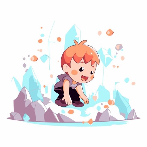 Little boy playing with ice. Cute cartoon character.