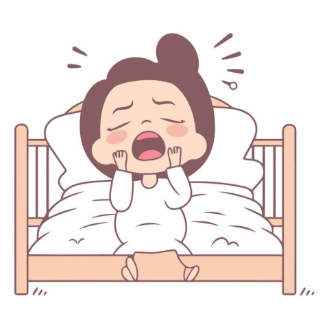 Illustration of a Cute Little Girl Crying in the Bed