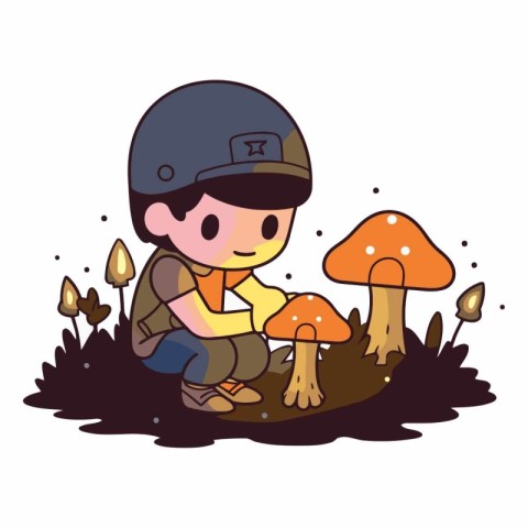 Little boy playing with mushrooms of a little boy in a mushroom