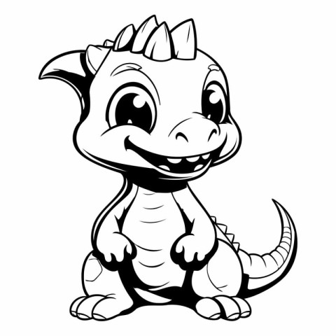 Cute Dinosaur - Black and White Cartoon Illustration. Isolated O