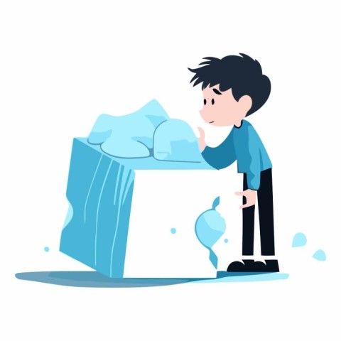 Vector illustration of a boy holding ice cube. Flat style design