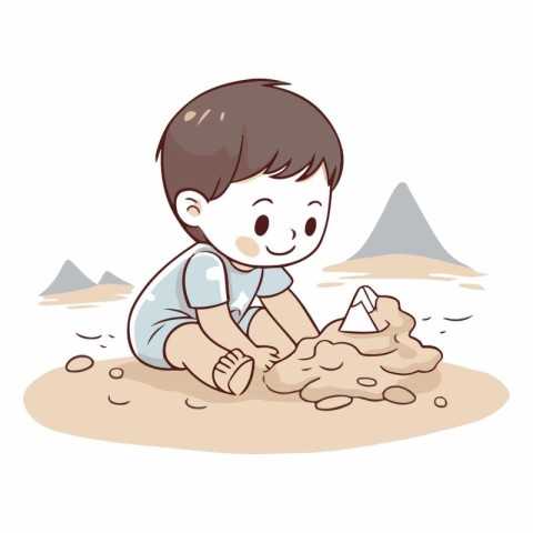 Cute little boy playing with sand in the desert