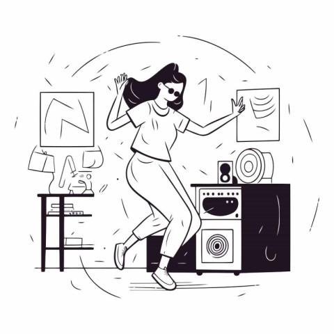 Young woman dancing at home in a linear style.