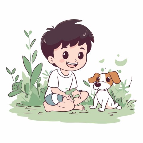 Cute little boy playing with dog in the garden.