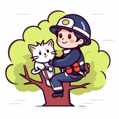 Cute boy firefighter in uniform and helmet sitting on a tree and