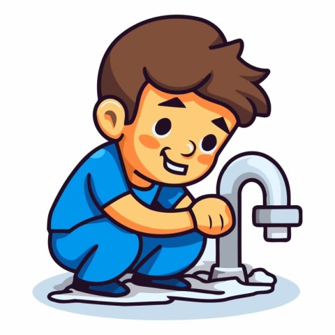 Little boy washing his hands with a tap. Vector cartoon illustra