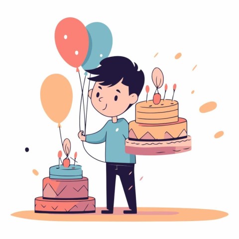 Cute boy with birthday cake and balloons. flat vector illustrati