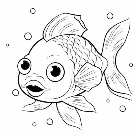 Black and White Cartoon Illustration of Cute Fish Character for