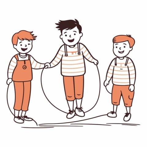 Three boys playing with skipping rope in cartoon style.