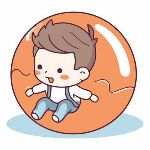 Cute boy sitting on the ball. Vector flat cartoon illustration.