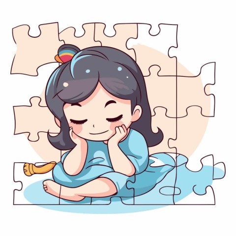 Cute little girl sitting on a puzzle piece.