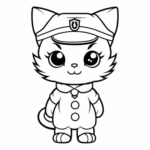 Black and White Cartoon Illustration of Cute Cat Captain Charact