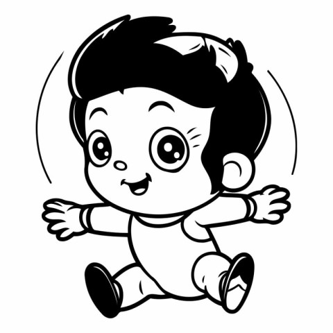 Cute Little Boy Running - Black and White Cartoon Illustration.