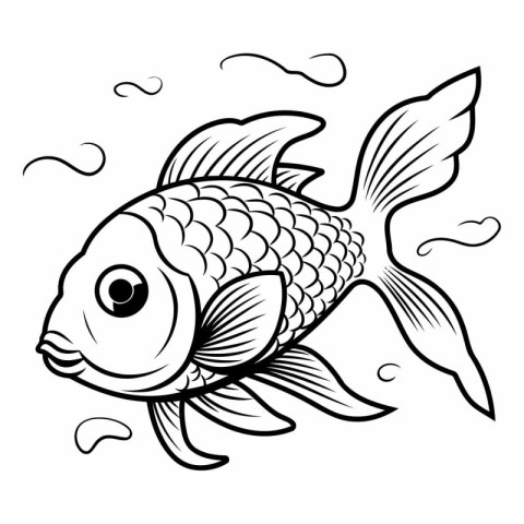 Black and White Cartoon Illustration of a Cute Fish Animal Chara