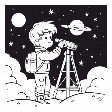 Boy with telescope and planet in black and white.