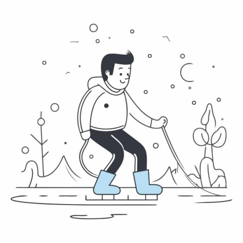 Vector illustration of a boy playing snowballs in the park. Line